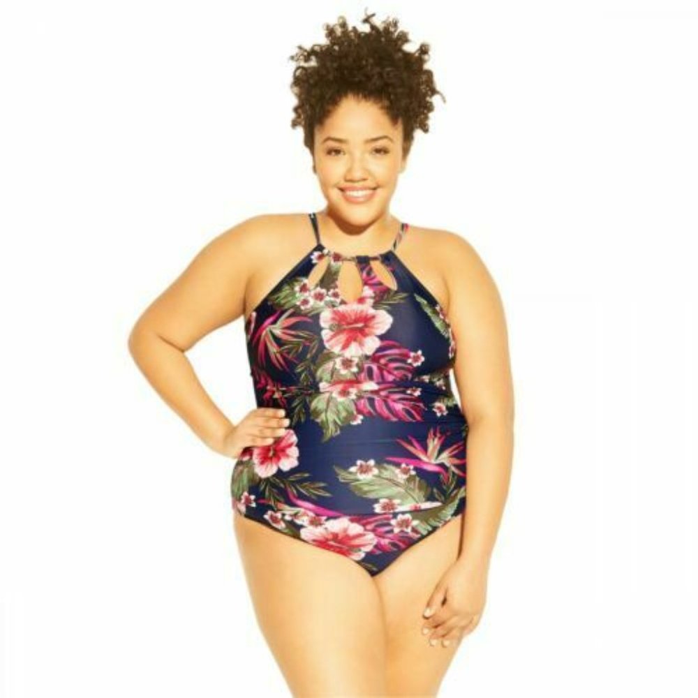 Kona Sol Blue Floral Halter One Piece Swimsuit